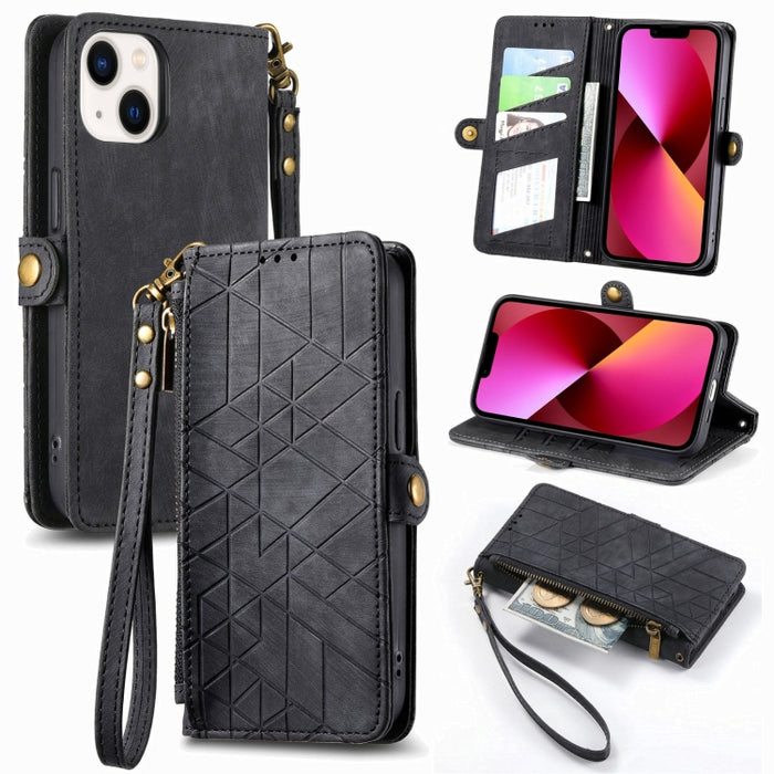Estuche de teléfono de cuero con hebilla lateral de billetera con cremallera geométrica, For iPhone 14 Pro Max, For iPhone 7 / 8 / SE 2022, For iPhone 13 Pro Max, For iPhone 13 Pro, For iPhone 13, For iPhone 12 / 12 Pro, For iPhone 12 Pro Max          ...