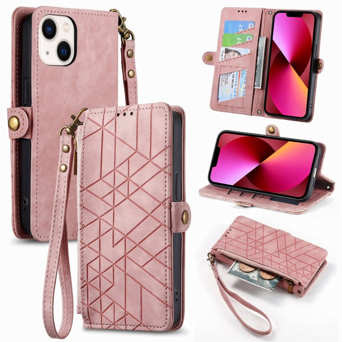Estuche de teléfono de cuero con hebilla lateral de billetera con cremallera geométrica, For iPhone 14 Pro Max, For iPhone 7 / 8 / SE 2022, For iPhone 13 Pro Max, For iPhone 13 Pro, For iPhone 13, For iPhone 12 / 12 Pro, For iPhone 12 Pro Max          ...