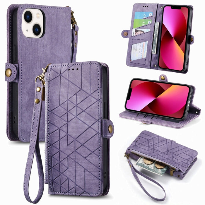 Estuche de teléfono de cuero con hebilla lateral de billetera con cremallera geométrica, For iPhone 14 Pro Max, For iPhone 7 / 8 / SE 2022, For iPhone 13 Pro Max, For iPhone 13 Pro, For iPhone 13, For iPhone 12 / 12 Pro, For iPhone 12 Pro Max          ...