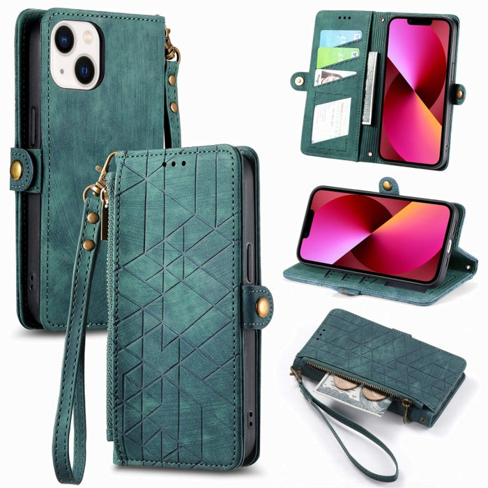 Estuche de teléfono de cuero con hebilla lateral de billetera con cremallera geométrica, For iPhone 14 Pro Max, For iPhone 7 / 8 / SE 2022, For iPhone 13 Pro Max, For iPhone 13 Pro, For iPhone 13, For iPhone 12 / 12 Pro, For iPhone 12 Pro Max          ...