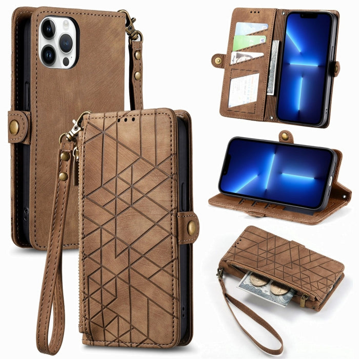 Estuche de teléfono de cuero con hebilla lateral de billetera con cremallera geométrica, For iPhone 14 Pro Max, For iPhone 7 / 8 / SE 2022, For iPhone 13 Pro Max, For iPhone 13 Pro, For iPhone 13, For iPhone 12 / 12 Pro, For iPhone 12 Pro Max          ...