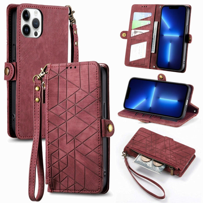 Estuche de teléfono de cuero con hebilla lateral de billetera con cremallera geométrica, For iPhone 14 Pro Max, For iPhone 7 / 8 / SE 2022, For iPhone 13 Pro Max, For iPhone 13 Pro, For iPhone 13, For iPhone 12 / 12 Pro, For iPhone 12 Pro Max          ...