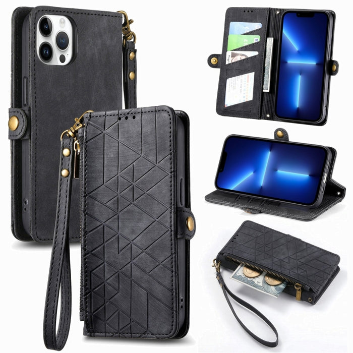 Estuche de teléfono de cuero con hebilla lateral de billetera con cremallera geométrica, For iPhone 14 Pro Max, For iPhone 7 / 8 / SE 2022, For iPhone 13 Pro Max, For iPhone 13 Pro, For iPhone 13, For iPhone 12 / 12 Pro, For iPhone 12 Pro Max          ...