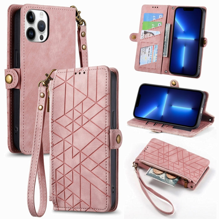 Estuche de teléfono de cuero con hebilla lateral de billetera con cremallera geométrica, For iPhone 14 Pro Max, For iPhone 7 / 8 / SE 2022, For iPhone 13 Pro Max, For iPhone 13 Pro, For iPhone 13, For iPhone 12 / 12 Pro, For iPhone 12 Pro Max          ...