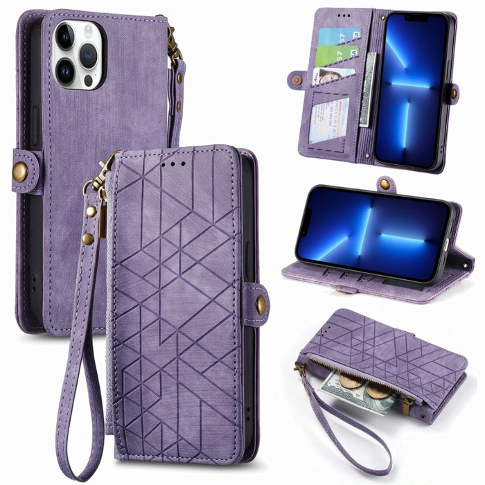 Estuche de teléfono de cuero con hebilla lateral de billetera con cremallera geométrica, For iPhone 14 Pro Max, For iPhone 7 / 8 / SE 2022, For iPhone 13 Pro Max, For iPhone 13 Pro, For iPhone 13, For iPhone 12 / 12 Pro, For iPhone 12 Pro Max          ...