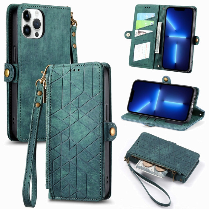Estuche de teléfono de cuero con hebilla lateral de billetera con cremallera geométrica, For iPhone 14 Pro Max, For iPhone 7 / 8 / SE 2022, For iPhone 13 Pro Max, For iPhone 13 Pro, For iPhone 13, For iPhone 12 / 12 Pro, For iPhone 12 Pro Max          ...
