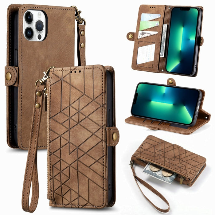 Estuche de teléfono de cuero con hebilla lateral de billetera con cremallera geométrica, For iPhone 14 Pro Max, For iPhone 7 / 8 / SE 2022, For iPhone 13 Pro Max, For iPhone 13 Pro, For iPhone 13, For iPhone 12 / 12 Pro, For iPhone 12 Pro Max          ...