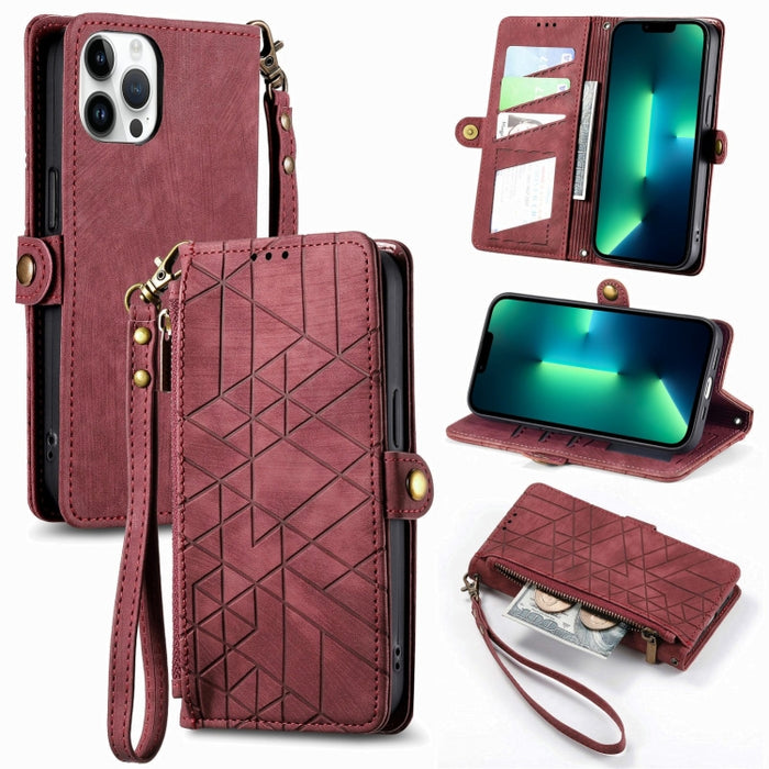 Estuche de teléfono de cuero con hebilla lateral de billetera con cremallera geométrica, For iPhone 14 Pro Max, For iPhone 7 / 8 / SE 2022, For iPhone 13 Pro Max, For iPhone 13 Pro, For iPhone 13, For iPhone 12 / 12 Pro, For iPhone 12 Pro Max          ...