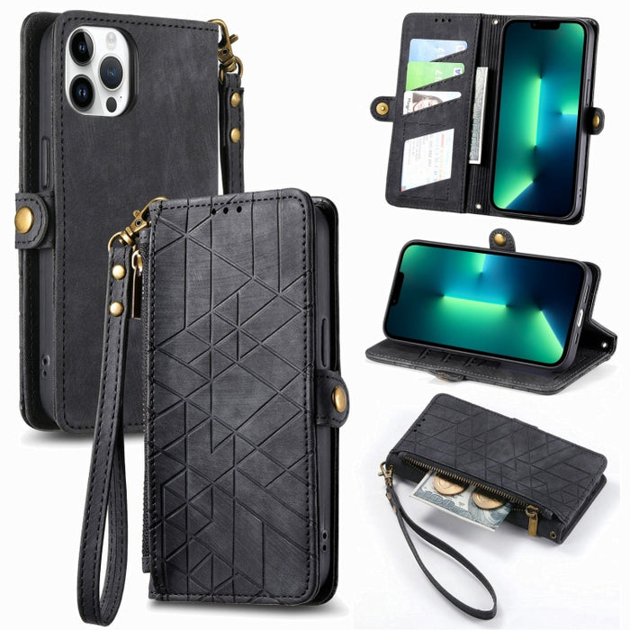 Estuche de teléfono de cuero con hebilla lateral de billetera con cremallera geométrica, For iPhone 14 Pro Max, For iPhone 7 / 8 / SE 2022, For iPhone 13 Pro Max, For iPhone 13 Pro, For iPhone 13, For iPhone 12 / 12 Pro, For iPhone 12 Pro Max          ...