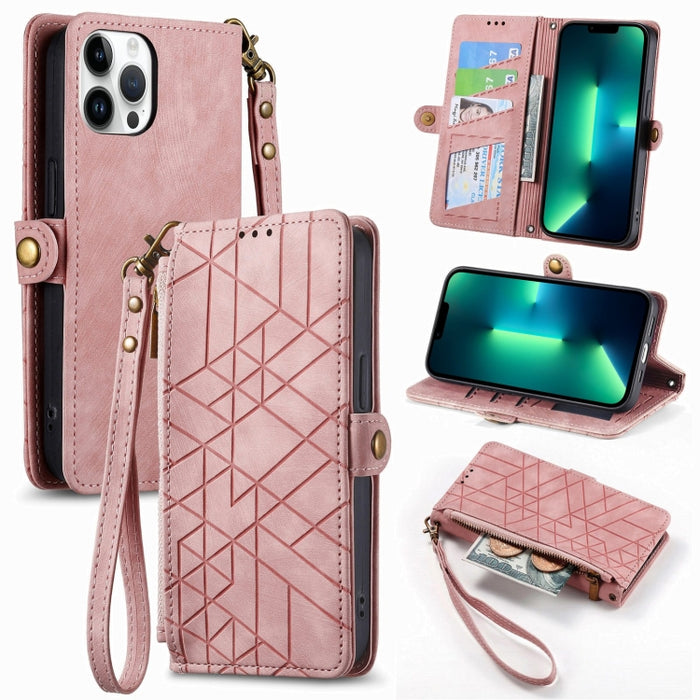 Estuche de teléfono de cuero con hebilla lateral de billetera con cremallera geométrica, For iPhone 14 Pro Max, For iPhone 7 / 8 / SE 2022, For iPhone 13 Pro Max, For iPhone 13 Pro, For iPhone 13, For iPhone 12 / 12 Pro, For iPhone 12 Pro Max          ...