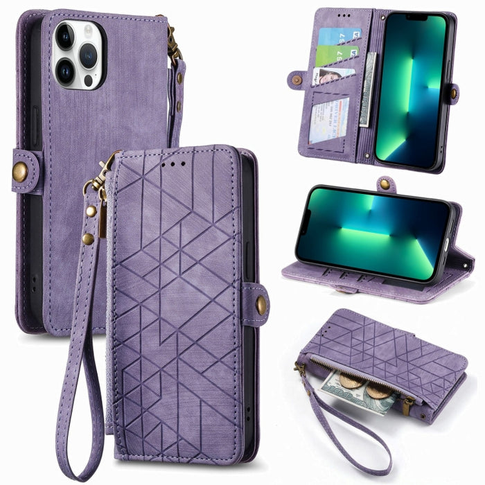 Estuche de teléfono de cuero con hebilla lateral de billetera con cremallera geométrica, For iPhone 14 Pro Max, For iPhone 7 / 8 / SE 2022, For iPhone 13 Pro Max, For iPhone 13 Pro, For iPhone 13, For iPhone 12 / 12 Pro, For iPhone 12 Pro Max          ...