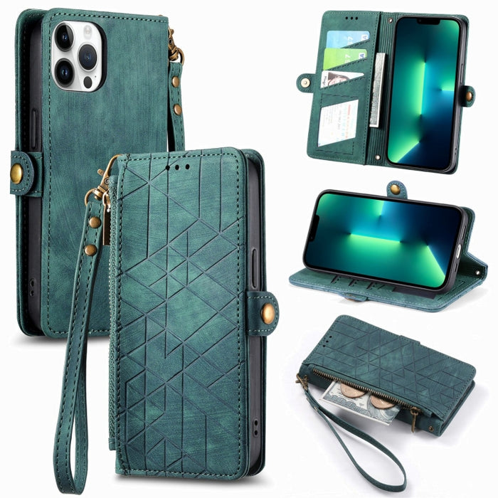 Estuche de teléfono de cuero con hebilla lateral de billetera con cremallera geométrica, For iPhone 14 Pro Max, For iPhone 7 / 8 / SE 2022, For iPhone 13 Pro Max, For iPhone 13 Pro, For iPhone 13, For iPhone 12 / 12 Pro, For iPhone 12 Pro Max          ...