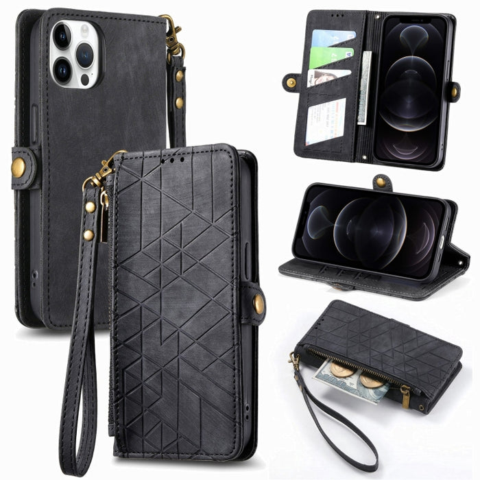 Estuche de teléfono de cuero con hebilla lateral de billetera con cremallera geométrica, For iPhone 14 Pro Max, For iPhone 7 / 8 / SE 2022, For iPhone 13 Pro Max, For iPhone 13 Pro, For iPhone 13, For iPhone 12 / 12 Pro, For iPhone 12 Pro Max          ...