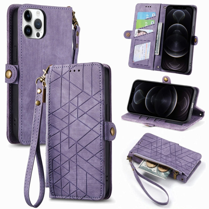 Estuche de teléfono de cuero con hebilla lateral de billetera con cremallera geométrica, For iPhone 14 Pro Max, For iPhone 7 / 8 / SE 2022, For iPhone 13 Pro Max, For iPhone 13 Pro, For iPhone 13, For iPhone 12 / 12 Pro, For iPhone 12 Pro Max          ...