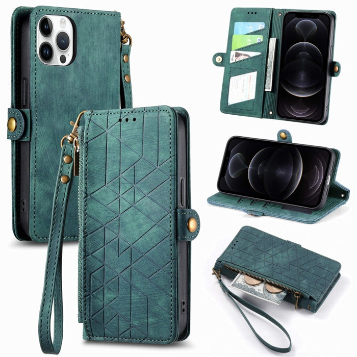 Estuche de teléfono de cuero con hebilla lateral de billetera con cremallera geométrica, For iPhone 14 Pro Max, For iPhone 7 / 8 / SE 2022, For iPhone 13 Pro Max, For iPhone 13 Pro, For iPhone 13, For iPhone 12 / 12 Pro, For iPhone 12 Pro Max          ...