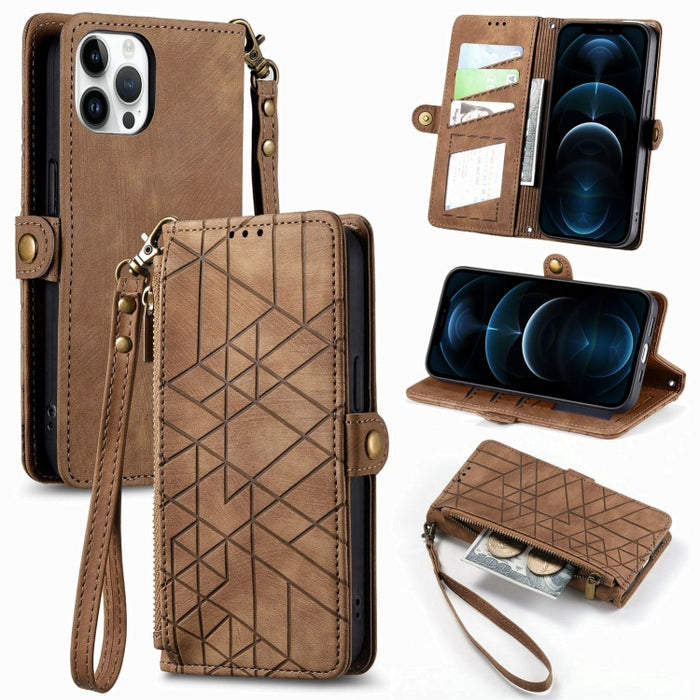 Estuche de teléfono de cuero con hebilla lateral de billetera con cremallera geométrica, For iPhone 14 Pro Max, For iPhone 7 / 8 / SE 2022, For iPhone 13 Pro Max, For iPhone 13 Pro, For iPhone 13, For iPhone 12 / 12 Pro, For iPhone 12 Pro Max          ...