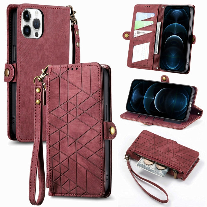 Estuche de teléfono de cuero con hebilla lateral de billetera con cremallera geométrica, For iPhone 14 Pro Max, For iPhone 7 / 8 / SE 2022, For iPhone 13 Pro Max, For iPhone 13 Pro, For iPhone 13, For iPhone 12 / 12 Pro, For iPhone 12 Pro Max          ...