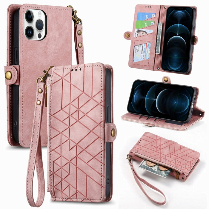 Estuche de teléfono de cuero con hebilla lateral de billetera con cremallera geométrica, For iPhone 14 Pro Max, For iPhone 7 / 8 / SE 2022, For iPhone 13 Pro Max, For iPhone 13 Pro, For iPhone 13, For iPhone 12 / 12 Pro, For iPhone 12 Pro Max          ...