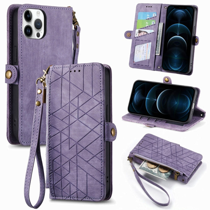Estuche de teléfono de cuero con hebilla lateral de billetera con cremallera geométrica, For iPhone 14 Pro Max, For iPhone 7 / 8 / SE 2022, For iPhone 13 Pro Max, For iPhone 13 Pro, For iPhone 13, For iPhone 12 / 12 Pro, For iPhone 12 Pro Max          ...