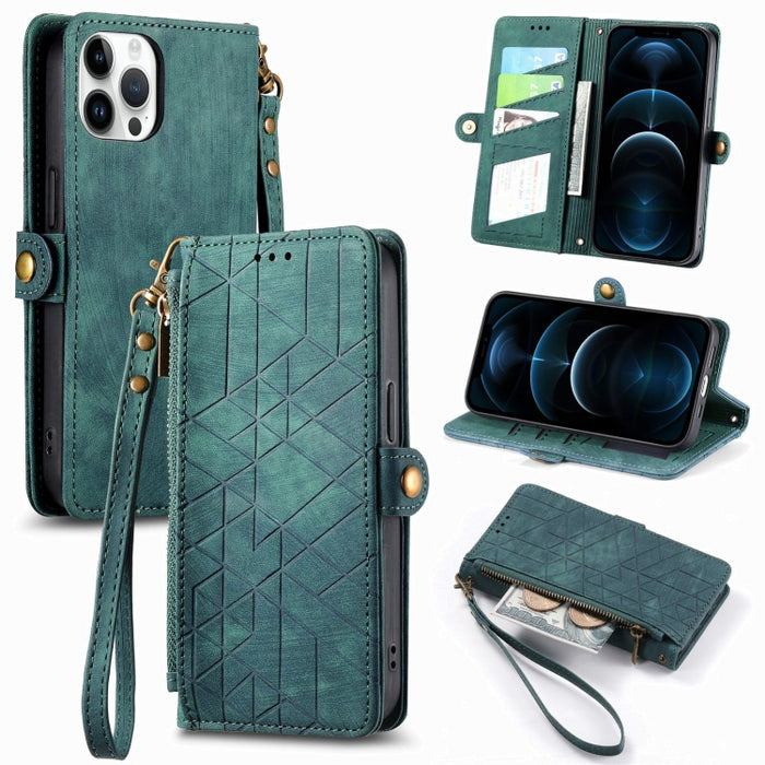 Estuche de teléfono de cuero con hebilla lateral de billetera con cremallera geométrica, For iPhone 14 Pro Max, For iPhone 7 / 8 / SE 2022, For iPhone 13 Pro Max, For iPhone 13 Pro, For iPhone 13, For iPhone 12 / 12 Pro, For iPhone 12 Pro Max          ...