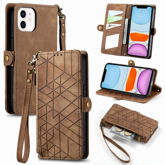 Estuche de teléfono de cuero con hebilla lateral de billetera con cremallera geométrica, For iPhone 14 Pro Max, For iPhone 7 / 8 / SE 2022, For iPhone 13 Pro Max, For iPhone 13 Pro, For iPhone 13, For iPhone 12 / 12 Pro, For iPhone 12 Pro Max          ...
