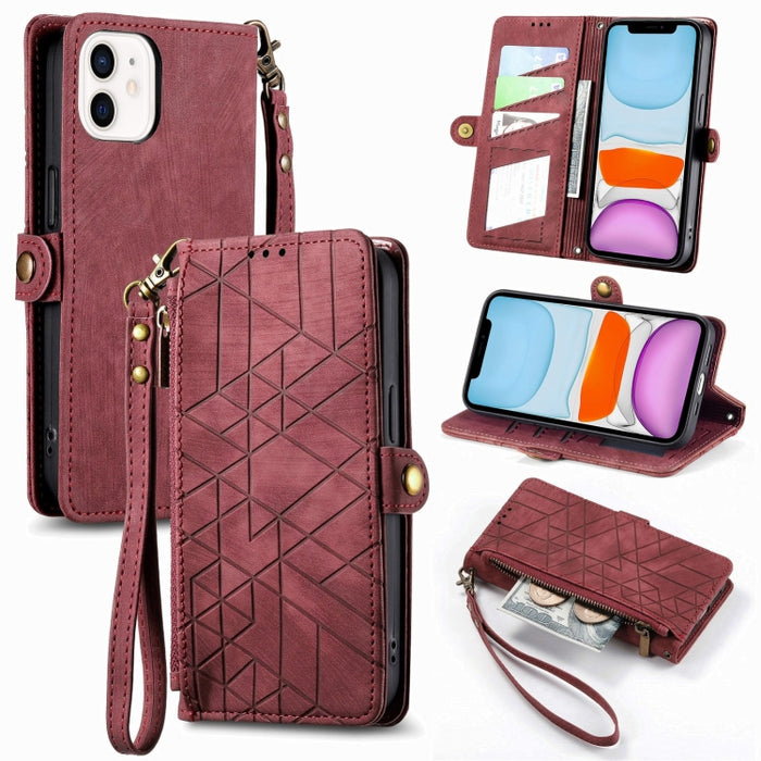 Estuche de teléfono de cuero con hebilla lateral de billetera con cremallera geométrica, For iPhone 14 Pro Max, For iPhone 7 / 8 / SE 2022, For iPhone 13 Pro Max, For iPhone 13 Pro, For iPhone 13, For iPhone 12 / 12 Pro, For iPhone 12 Pro Max          ...