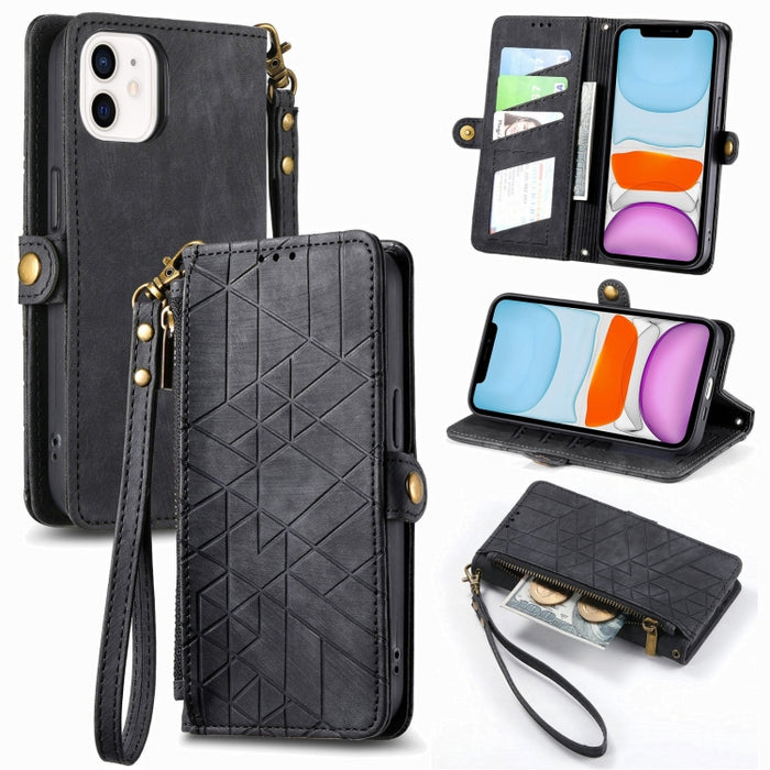Estuche de teléfono de cuero con hebilla lateral de billetera con cremallera geométrica, For iPhone 14 Pro Max, For iPhone 7 / 8 / SE 2022, For iPhone 13 Pro Max, For iPhone 13 Pro, For iPhone 13, For iPhone 12 / 12 Pro, For iPhone 12 Pro Max          ...