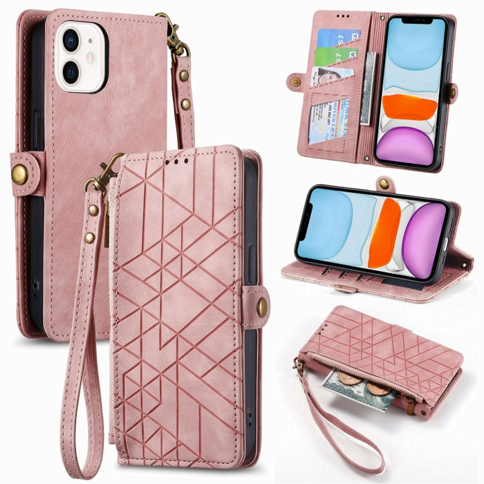 Estuche de teléfono de cuero con hebilla lateral de billetera con cremallera geométrica, For iPhone 14 Pro Max, For iPhone 7 / 8 / SE 2022, For iPhone 13 Pro Max, For iPhone 13 Pro, For iPhone 13, For iPhone 12 / 12 Pro, For iPhone 12 Pro Max          ...