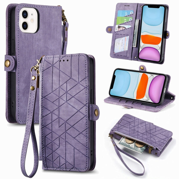 Estuche de teléfono de cuero con hebilla lateral de billetera con cremallera geométrica, For iPhone 14 Pro Max, For iPhone 7 / 8 / SE 2022, For iPhone 13 Pro Max, For iPhone 13 Pro, For iPhone 13, For iPhone 12 / 12 Pro, For iPhone 12 Pro Max          ...