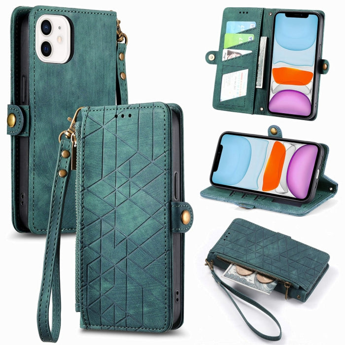 Estuche de teléfono de cuero con hebilla lateral de billetera con cremallera geométrica, For iPhone 14 Pro Max, For iPhone 7 / 8 / SE 2022, For iPhone 13 Pro Max, For iPhone 13 Pro, For iPhone 13, For iPhone 12 / 12 Pro, For iPhone 12 Pro Max          ...