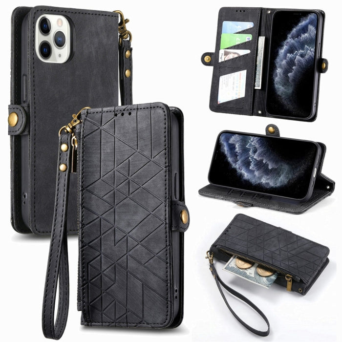 Estuche de teléfono de cuero con hebilla lateral de billetera con cremallera geométrica, For iPhone 14 Pro Max, For iPhone 7 / 8 / SE 2022, For iPhone 13 Pro Max, For iPhone 13 Pro, For iPhone 13, For iPhone 12 / 12 Pro, For iPhone 12 Pro Max          ...