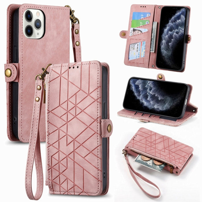 Estuche de teléfono de cuero con hebilla lateral de billetera con cremallera geométrica, For iPhone 14 Pro Max, For iPhone 7 / 8 / SE 2022, For iPhone 13 Pro Max, For iPhone 13 Pro, For iPhone 13, For iPhone 12 / 12 Pro, For iPhone 12 Pro Max          ...