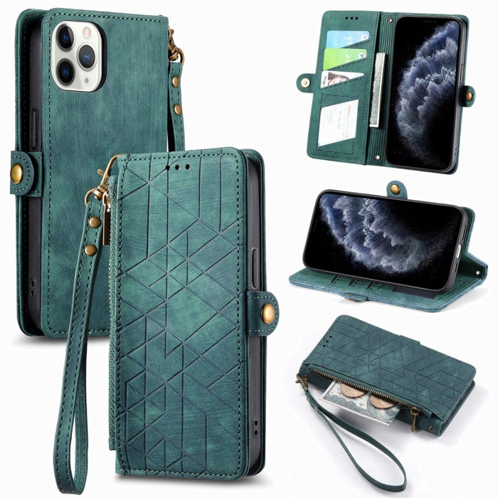 Estuche de teléfono de cuero con hebilla lateral de billetera con cremallera geométrica, For iPhone 14 Pro Max, For iPhone 7 / 8 / SE 2022, For iPhone 13 Pro Max, For iPhone 13 Pro, For iPhone 13, For iPhone 12 / 12 Pro, For iPhone 12 Pro Max          ...