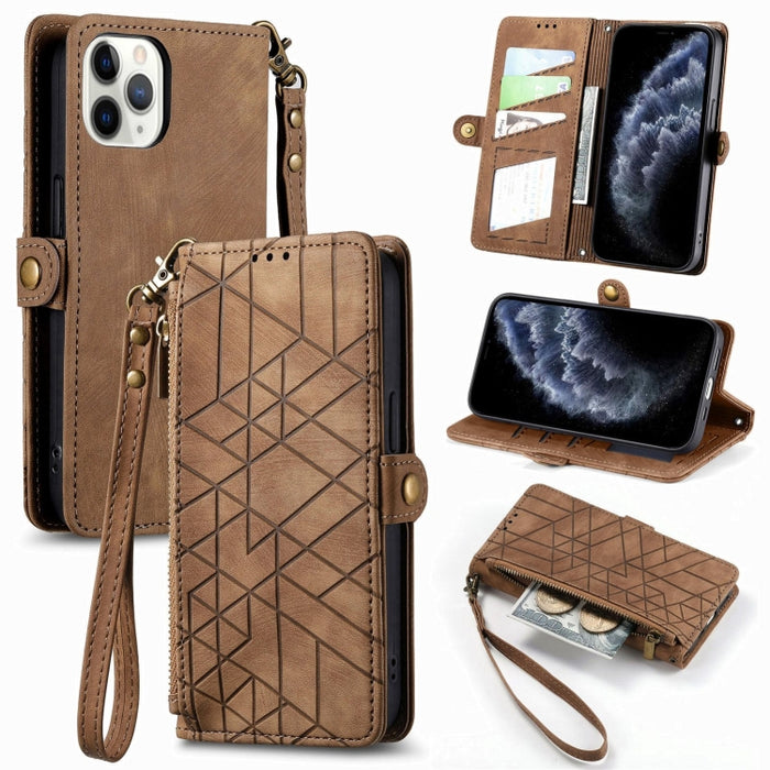 Estuche de teléfono de cuero con hebilla lateral de billetera con cremallera geométrica, For iPhone 14 Pro Max, For iPhone 7 / 8 / SE 2022, For iPhone 13 Pro Max, For iPhone 13 Pro, For iPhone 13, For iPhone 12 / 12 Pro, For iPhone 12 Pro Max          ...