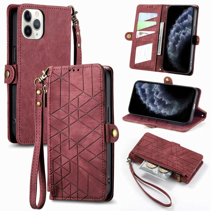Estuche de teléfono de cuero con hebilla lateral de billetera con cremallera geométrica, For iPhone 14 Pro Max, For iPhone 7 / 8 / SE 2022, For iPhone 13 Pro Max, For iPhone 13 Pro, For iPhone 13, For iPhone 12 / 12 Pro, For iPhone 12 Pro Max          ...