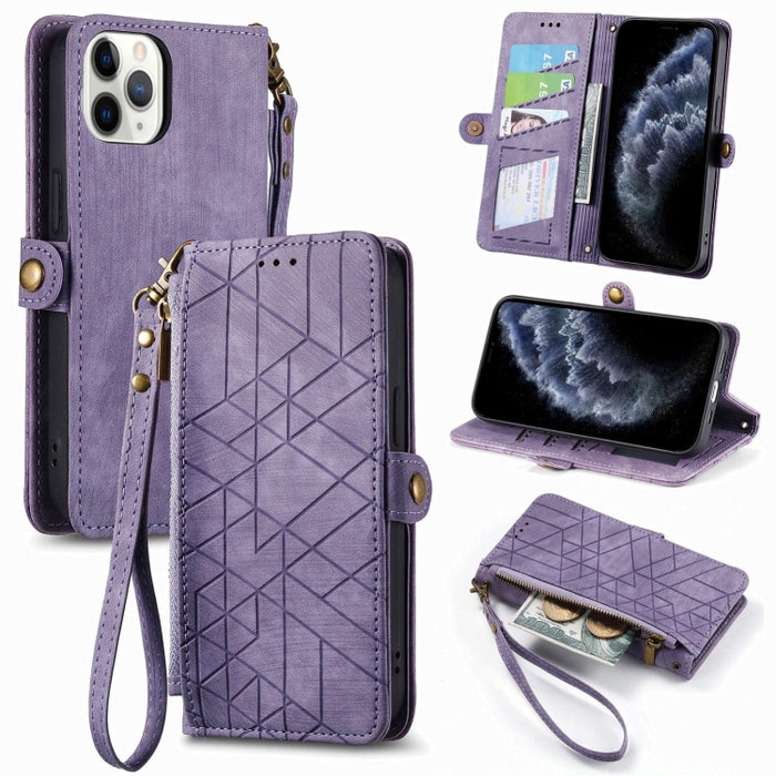 Estuche de teléfono de cuero con hebilla lateral de billetera con cremallera geométrica, For iPhone 14 Pro Max, For iPhone 7 / 8 / SE 2022, For iPhone 13 Pro Max, For iPhone 13 Pro, For iPhone 13, For iPhone 12 / 12 Pro, For iPhone 12 Pro Max          ...