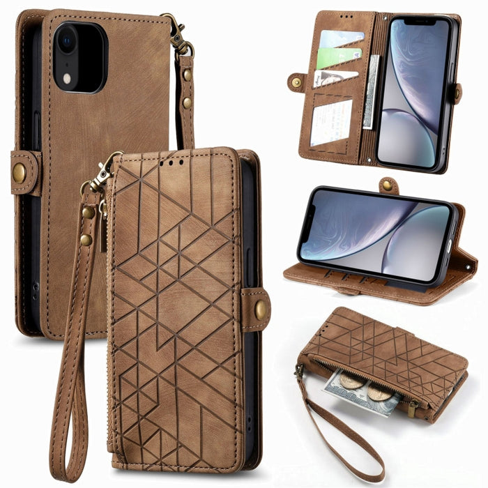 Estuche de teléfono de cuero con hebilla lateral de billetera con cremallera geométrica, For iPhone 14 Pro Max, For iPhone 7 / 8 / SE 2022, For iPhone 13 Pro Max, For iPhone 13 Pro, For iPhone 13, For iPhone 12 / 12 Pro, For iPhone 12 Pro Max          ...