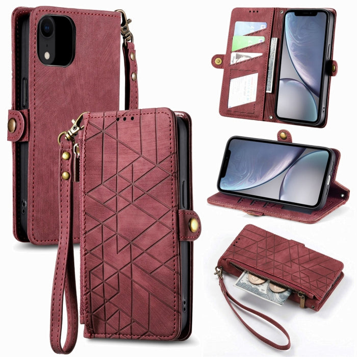 Estuche de teléfono de cuero con hebilla lateral de billetera con cremallera geométrica, For iPhone 14 Pro Max, For iPhone 7 / 8 / SE 2022, For iPhone 13 Pro Max, For iPhone 13 Pro, For iPhone 13, For iPhone 12 / 12 Pro, For iPhone 12 Pro Max          ...