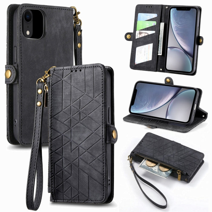 Estuche de teléfono de cuero con hebilla lateral de billetera con cremallera geométrica, For iPhone 14 Pro Max, For iPhone 7 / 8 / SE 2022, For iPhone 13 Pro Max, For iPhone 13 Pro, For iPhone 13, For iPhone 12 / 12 Pro, For iPhone 12 Pro Max          ...