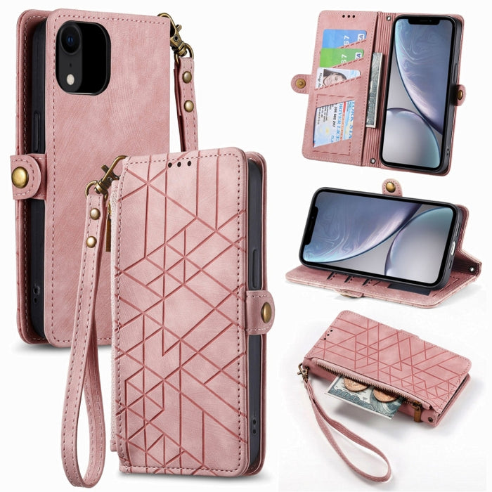 Estuche de teléfono de cuero con hebilla lateral de billetera con cremallera geométrica, For iPhone 14 Pro Max, For iPhone 7 / 8 / SE 2022, For iPhone 13 Pro Max, For iPhone 13 Pro, For iPhone 13, For iPhone 12 / 12 Pro, For iPhone 12 Pro Max          ...
