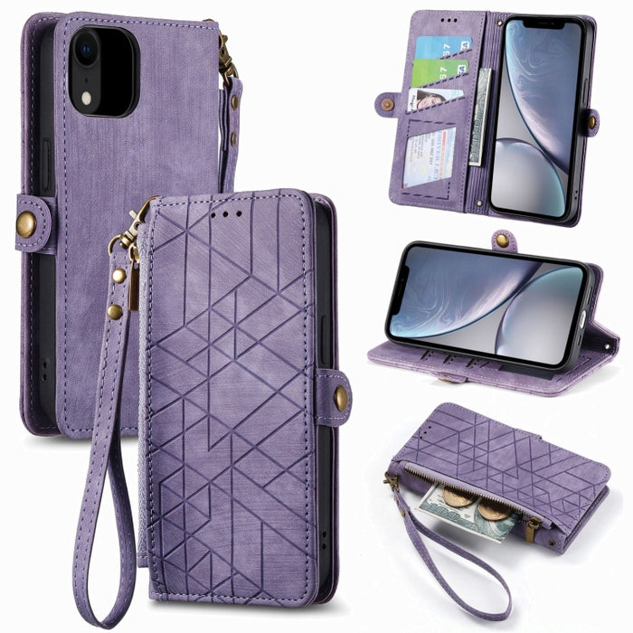 Estuche de teléfono de cuero con hebilla lateral de billetera con cremallera geométrica, For iPhone 14 Pro Max, For iPhone 7 / 8 / SE 2022, For iPhone 13 Pro Max, For iPhone 13 Pro, For iPhone 13, For iPhone 12 / 12 Pro, For iPhone 12 Pro Max          ...