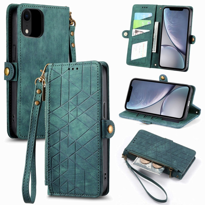 Estuche de teléfono de cuero con hebilla lateral de billetera con cremallera geométrica, For iPhone 14 Pro Max, For iPhone 7 / 8 / SE 2022, For iPhone 13 Pro Max, For iPhone 13 Pro, For iPhone 13, For iPhone 12 / 12 Pro, For iPhone 12 Pro Max          ...