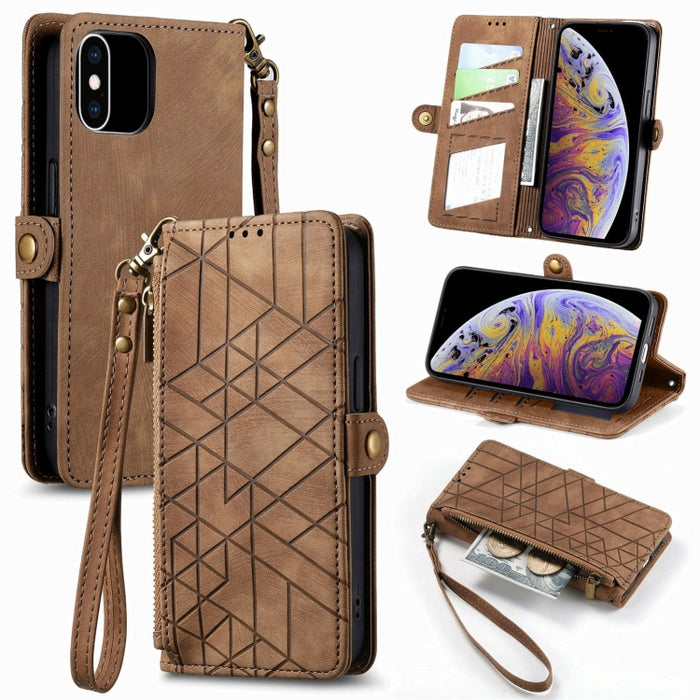 Estuche de teléfono de cuero con hebilla lateral de billetera con cremallera geométrica, For iPhone 14 Pro Max, For iPhone 7 / 8 / SE 2022, For iPhone 13 Pro Max, For iPhone 13 Pro, For iPhone 13, For iPhone 12 / 12 Pro, For iPhone 12 Pro Max          ...