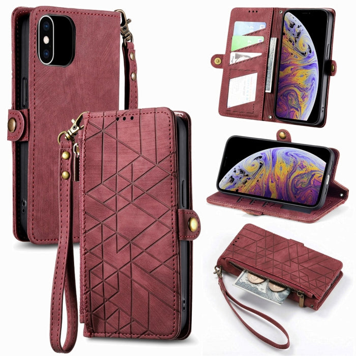 Estuche de teléfono de cuero con hebilla lateral de billetera con cremallera geométrica, For iPhone 14 Pro Max, For iPhone 7 / 8 / SE 2022, For iPhone 13 Pro Max, For iPhone 13 Pro, For iPhone 13, For iPhone 12 / 12 Pro, For iPhone 12 Pro Max          ...