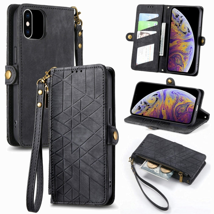 Estuche de teléfono de cuero con hebilla lateral de billetera con cremallera geométrica, For iPhone 14 Pro Max, For iPhone 7 / 8 / SE 2022, For iPhone 13 Pro Max, For iPhone 13 Pro, For iPhone 13, For iPhone 12 / 12 Pro, For iPhone 12 Pro Max          ...