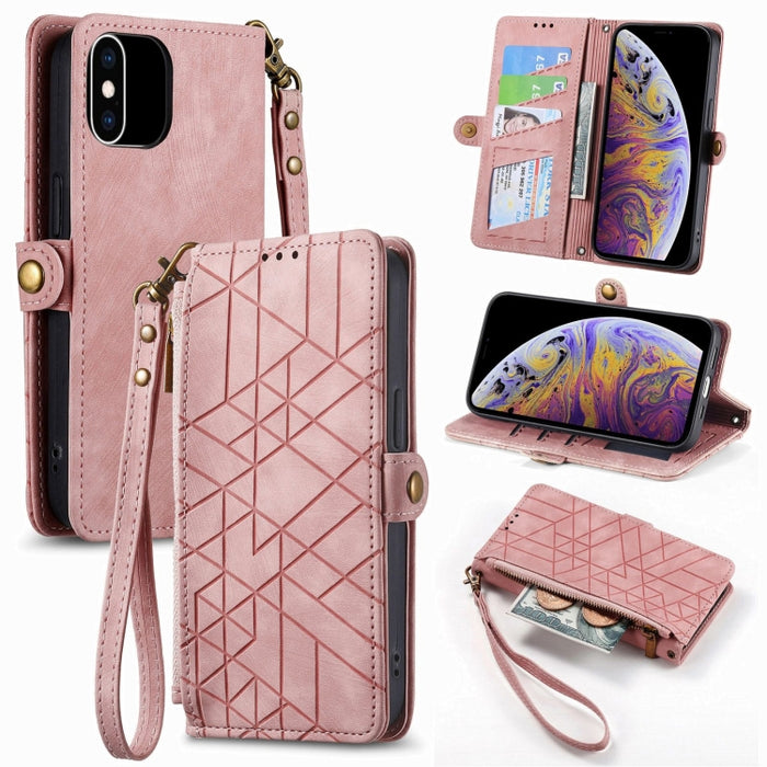 Estuche de teléfono de cuero con hebilla lateral de billetera con cremallera geométrica, For iPhone 14 Pro Max, For iPhone 7 / 8 / SE 2022, For iPhone 13 Pro Max, For iPhone 13 Pro, For iPhone 13, For iPhone 12 / 12 Pro, For iPhone 12 Pro Max          ...