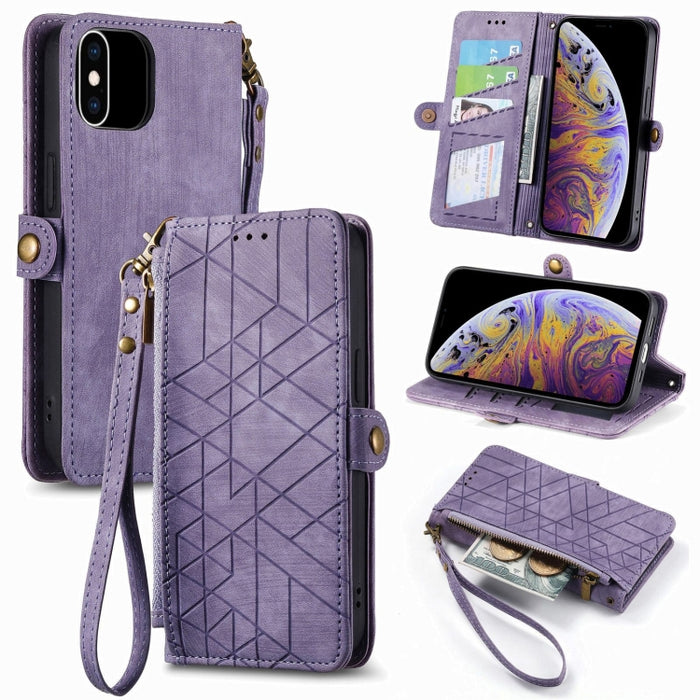 Estuche de teléfono de cuero con hebilla lateral de billetera con cremallera geométrica, For iPhone 14 Pro Max, For iPhone 7 / 8 / SE 2022, For iPhone 13 Pro Max, For iPhone 13 Pro, For iPhone 13, For iPhone 12 / 12 Pro, For iPhone 12 Pro Max          ...