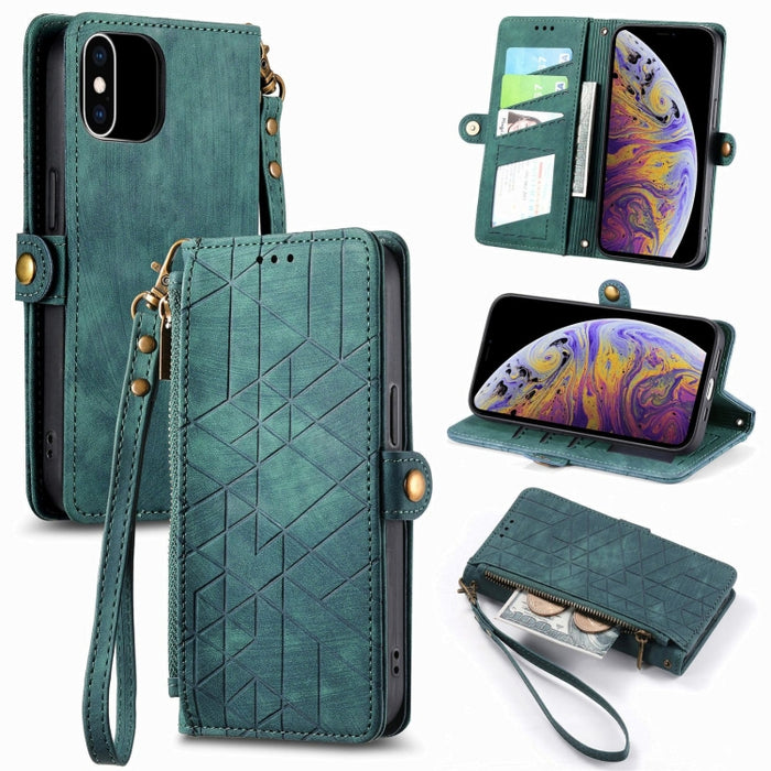 Estuche de teléfono de cuero con hebilla lateral de billetera con cremallera geométrica, For iPhone 14 Pro Max, For iPhone 7 / 8 / SE 2022, For iPhone 13 Pro Max, For iPhone 13 Pro, For iPhone 13, For iPhone 12 / 12 Pro, For iPhone 12 Pro Max          ...