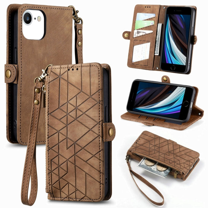 Estuche de teléfono de cuero con hebilla lateral de billetera con cremallera geométrica, For iPhone 14 Pro Max, For iPhone 7 / 8 / SE 2022, For iPhone 13 Pro Max, For iPhone 13 Pro, For iPhone 13, For iPhone 12 / 12 Pro, For iPhone 12 Pro Max          ...