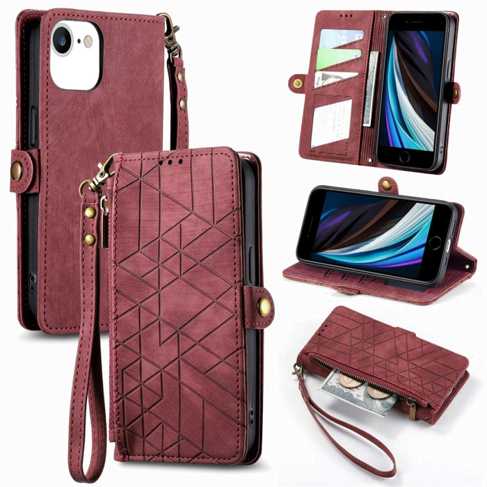 Estuche de teléfono de cuero con hebilla lateral de billetera con cremallera geométrica, For iPhone 14 Pro Max, For iPhone 7 / 8 / SE 2022, For iPhone 13 Pro Max, For iPhone 13 Pro, For iPhone 13, For iPhone 12 / 12 Pro, For iPhone 12 Pro Max          ...